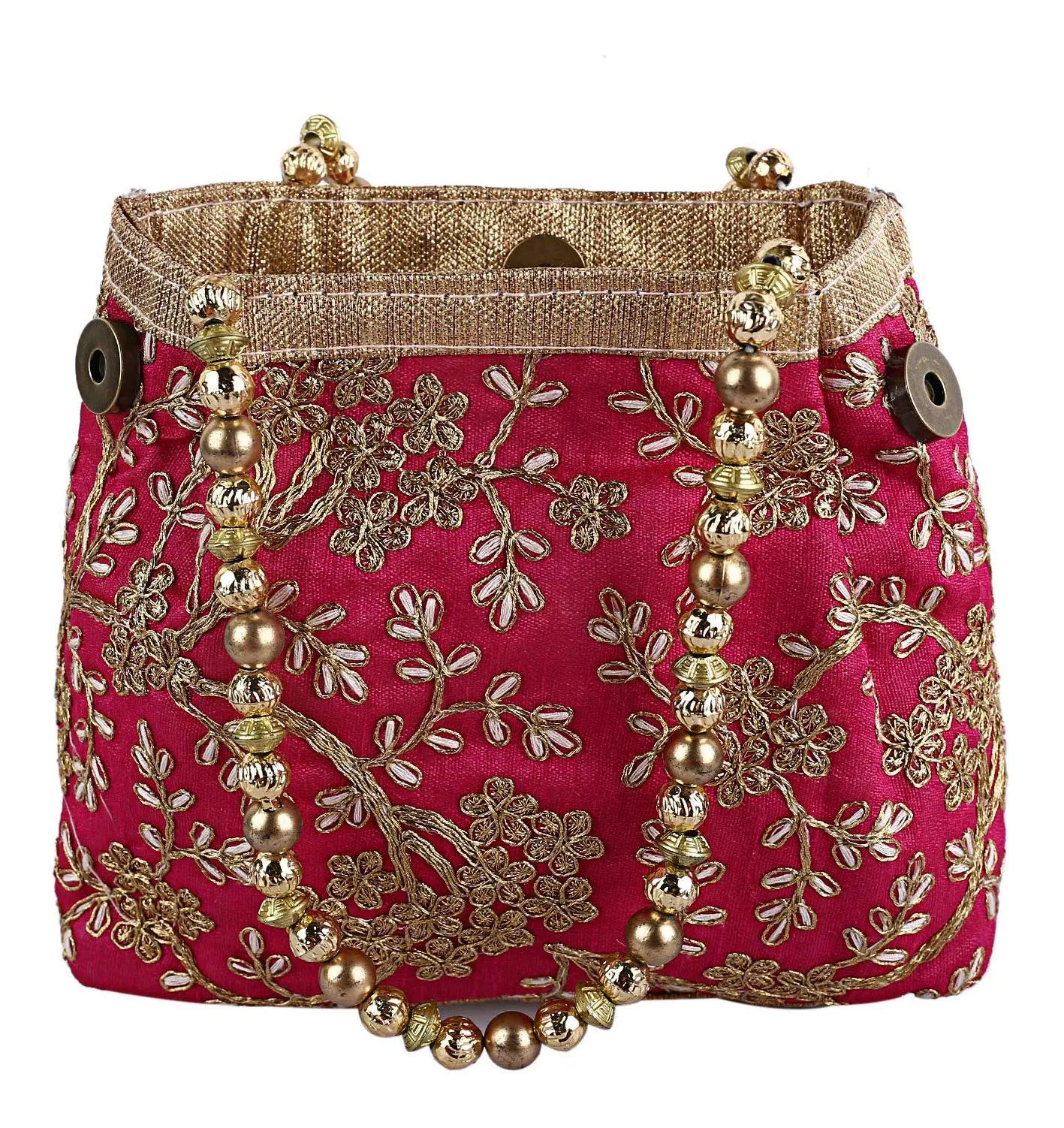 Heart Home Polyester Embroidered Woman Potli Bag, Pink - CTHH15134