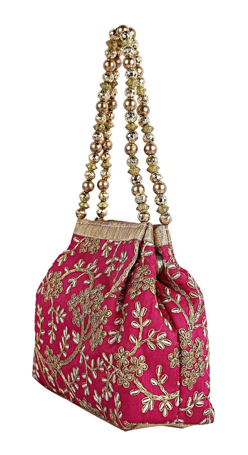 Heart Home Polyester Embroidered Woman Potli Bag, Pink - CTHH15134