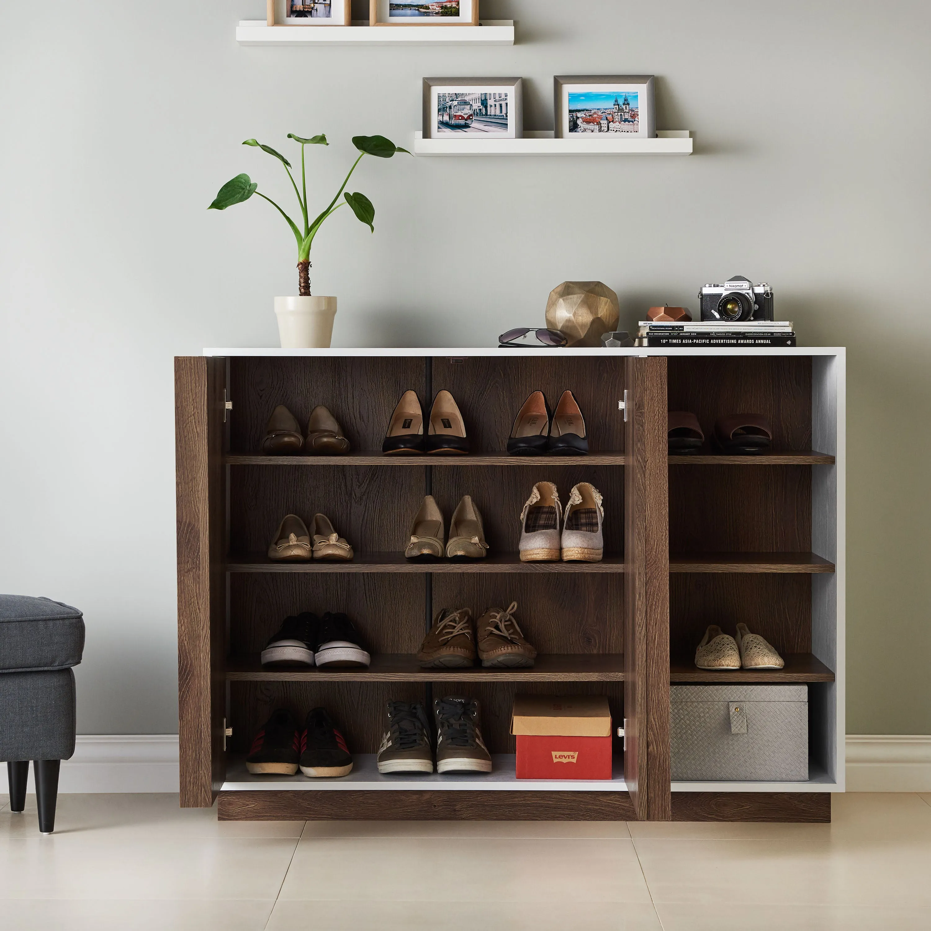 Helvend Modern White and Brown 8-shelf Shoe Cabinet (12-pairs)