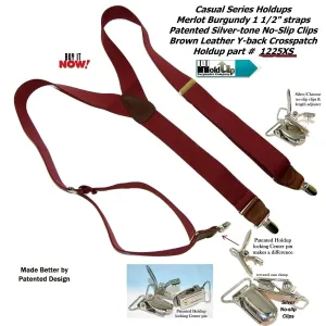 Holdup Suspender Company's deep Merlot Burgundy colored clip-on suspenders in Y-back with Patented No-slip silver-tone clips