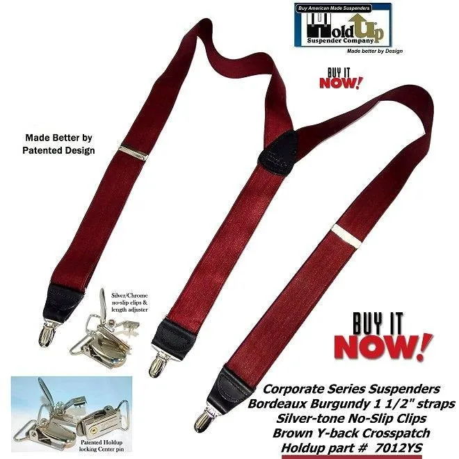 Holdup Suspender Company's deep Merlot Burgundy colored clip-on suspenders in Y-back with Patented No-slip silver-tone clips