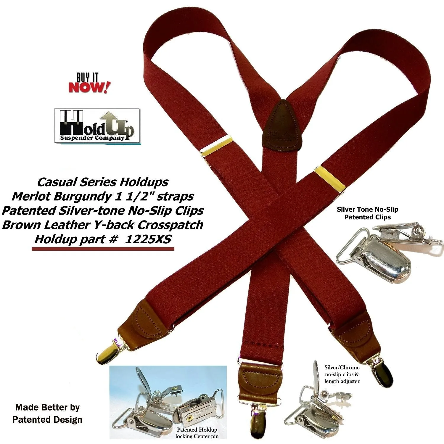 Holdup Suspender Company's deep Merlot Burgundy colored clip-on suspenders in Y-back with Patented No-slip silver-tone clips