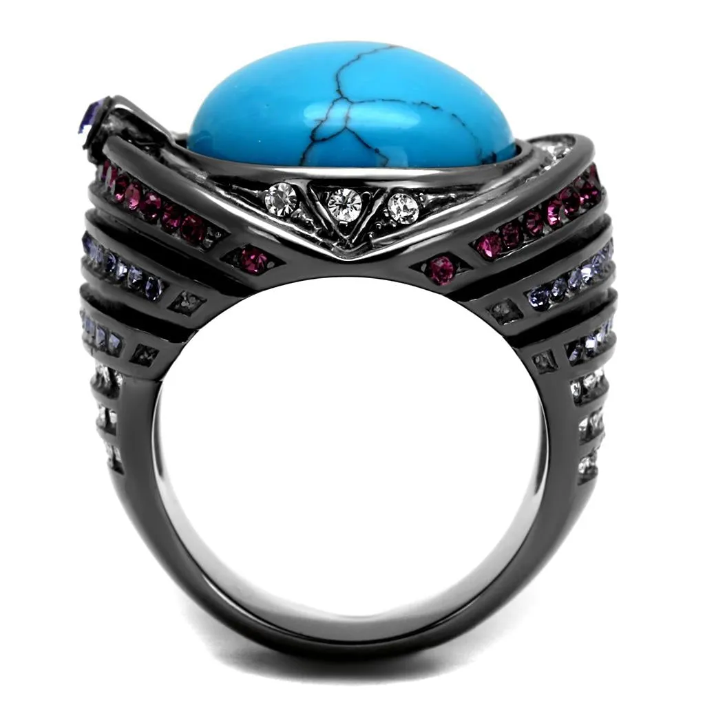 IP Light Black (IP Gun) Stainless Steel Ring with Synthetic Turquoise in Sea Blue for Women Style TK2983