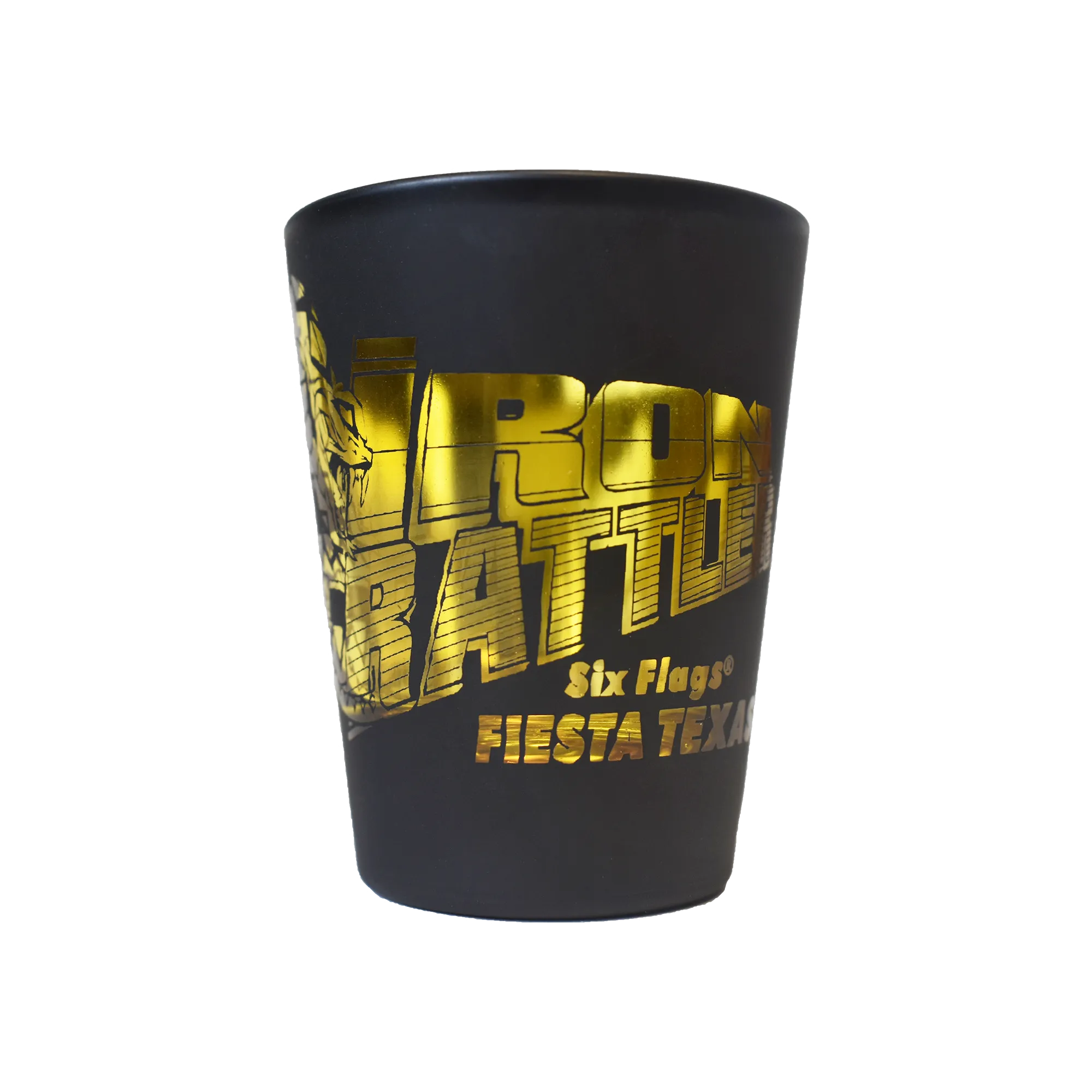 IRON RATTLER MATTE BLACK SHOT GLASS (SIX FLAGS FIESTA TEXAS)