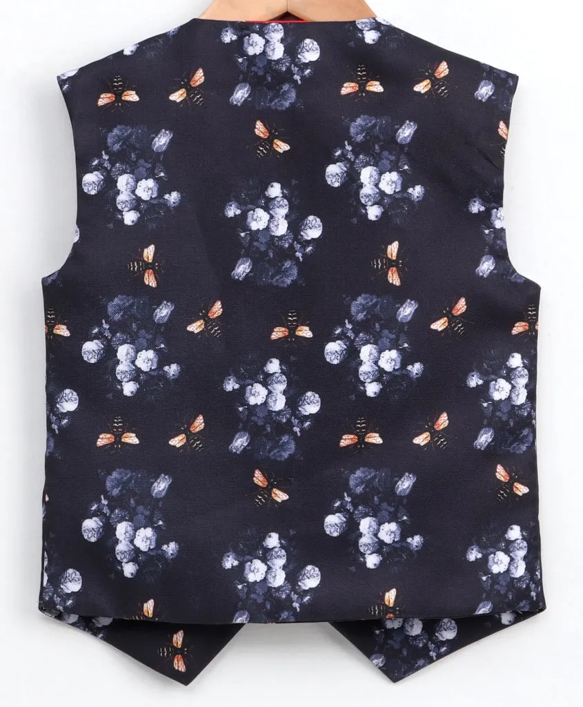 Jashvi Bopy's Jute Feel Fabric Digital Printed Navy Blue Nehru Jacket