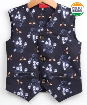 Jashvi Bopy's Jute Feel Fabric Digital Printed Navy Blue Nehru Jacket