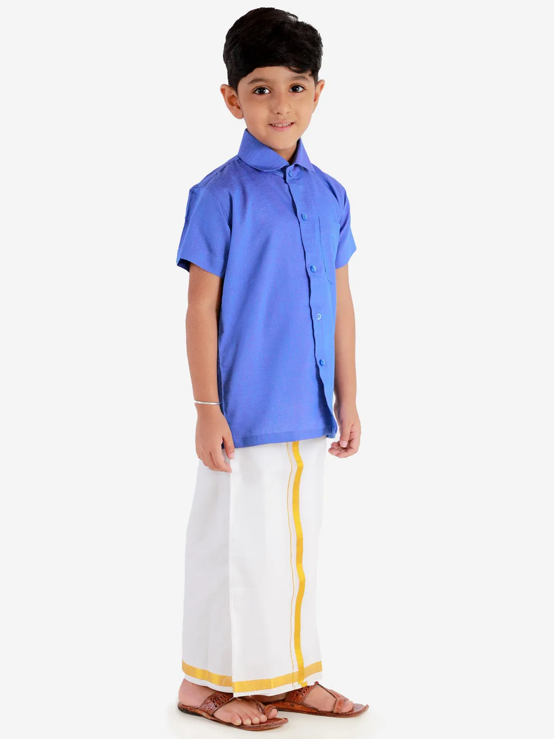 Jashvi Boys' Teal Blue Cotton Short Sleeves Ethnic Shirt Mundu Vesty Style Dhoti Pant Set