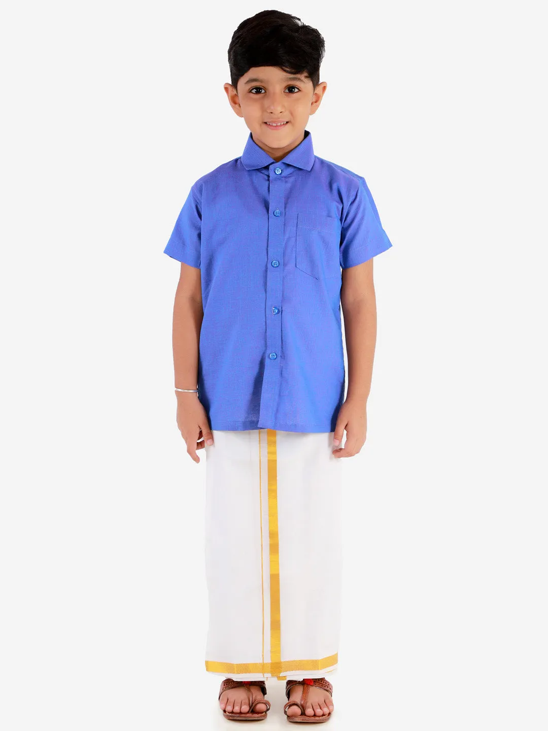 Jashvi Boys' Teal Blue Cotton Short Sleeves Ethnic Shirt Mundu Vesty Style Dhoti Pant Set