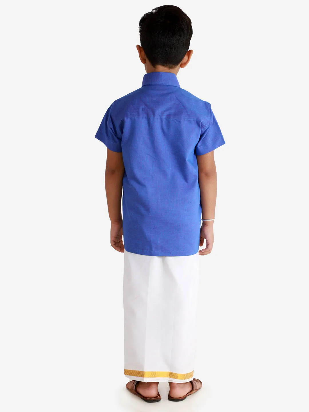 Jashvi Boys' Teal Blue Cotton Short Sleeves Ethnic Shirt Mundu Vesty Style Dhoti Pant Set