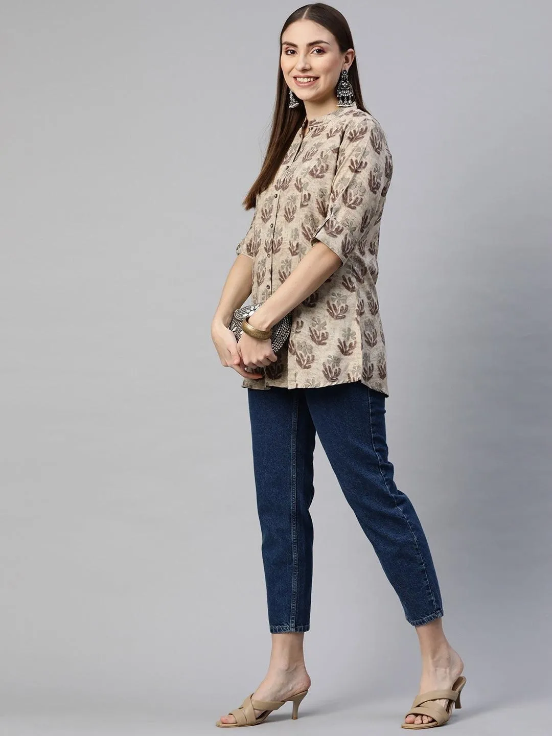 Jashvi Brown Floral Rayon A-Line Shirt Style Top