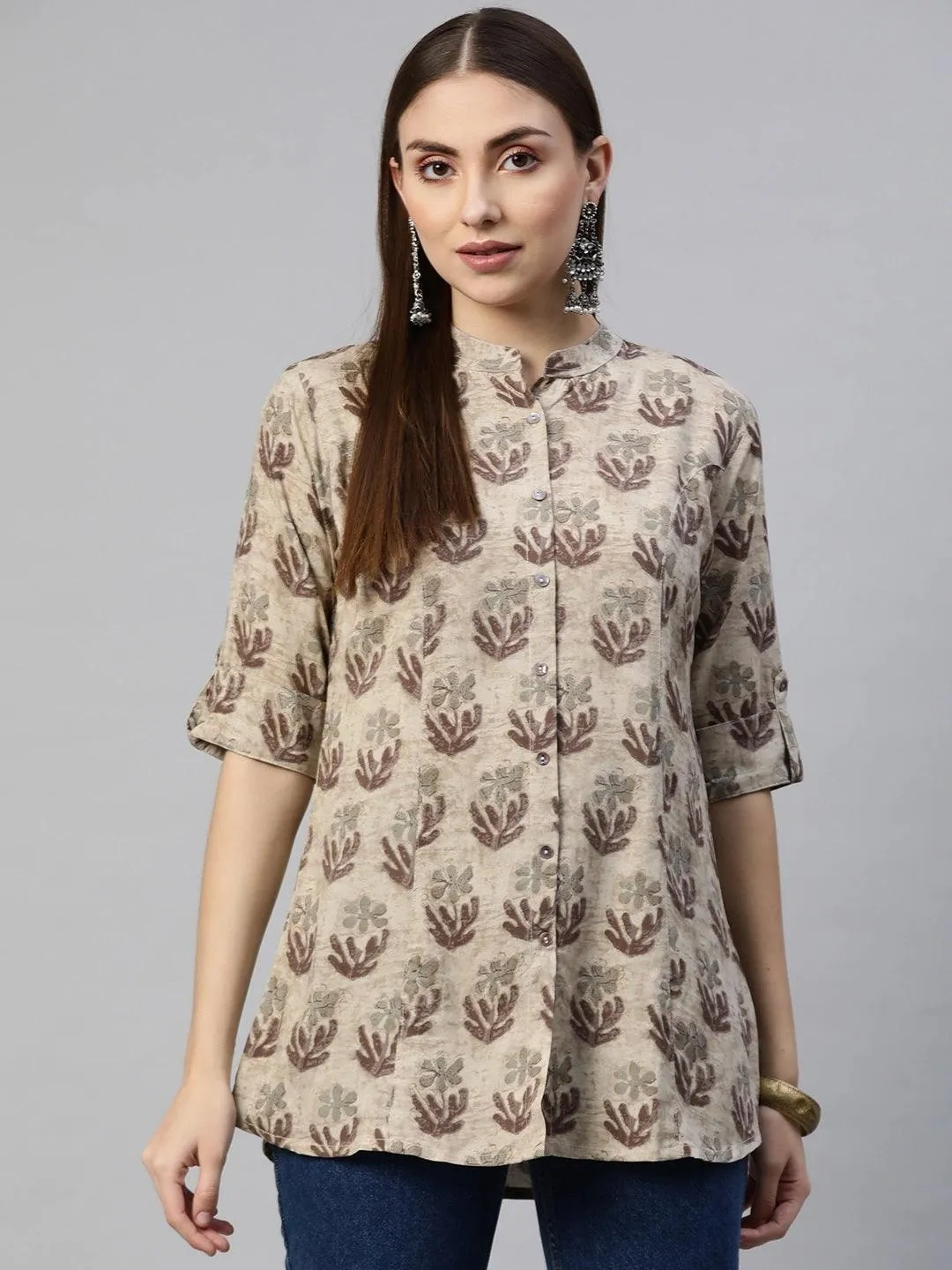 Jashvi Brown Floral Rayon A-Line Shirt Style Top