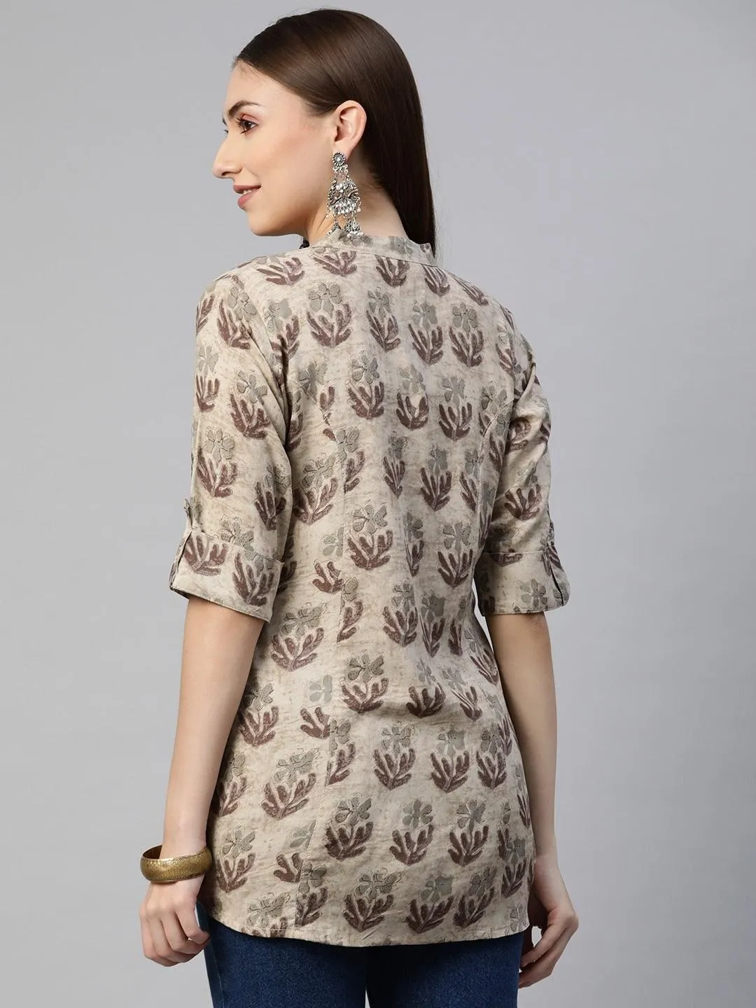 Jashvi Brown Floral Rayon A-Line Shirt Style Top