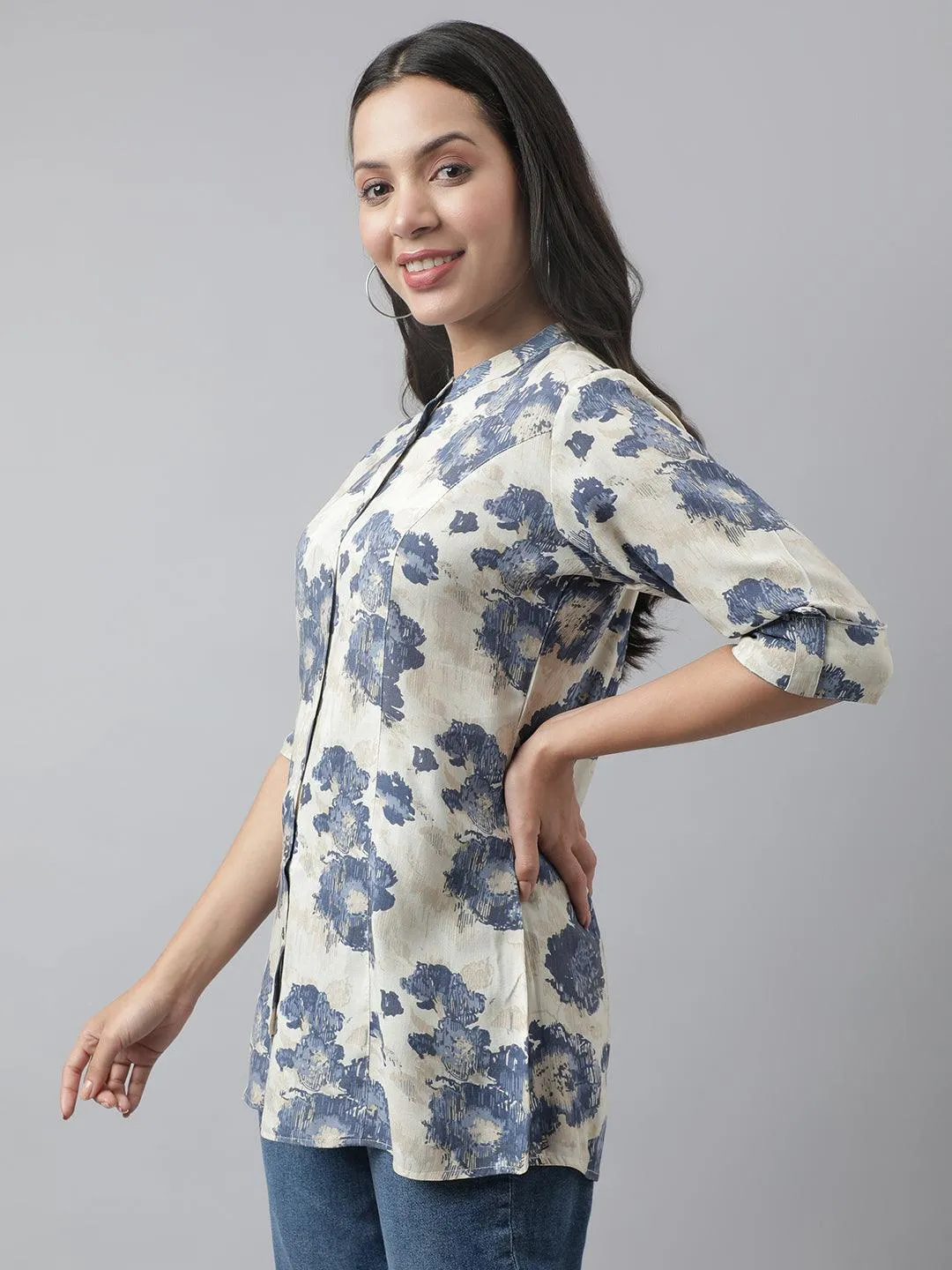 Jashvi Cream Floral Printed Rayon A-line Shirt Style Top