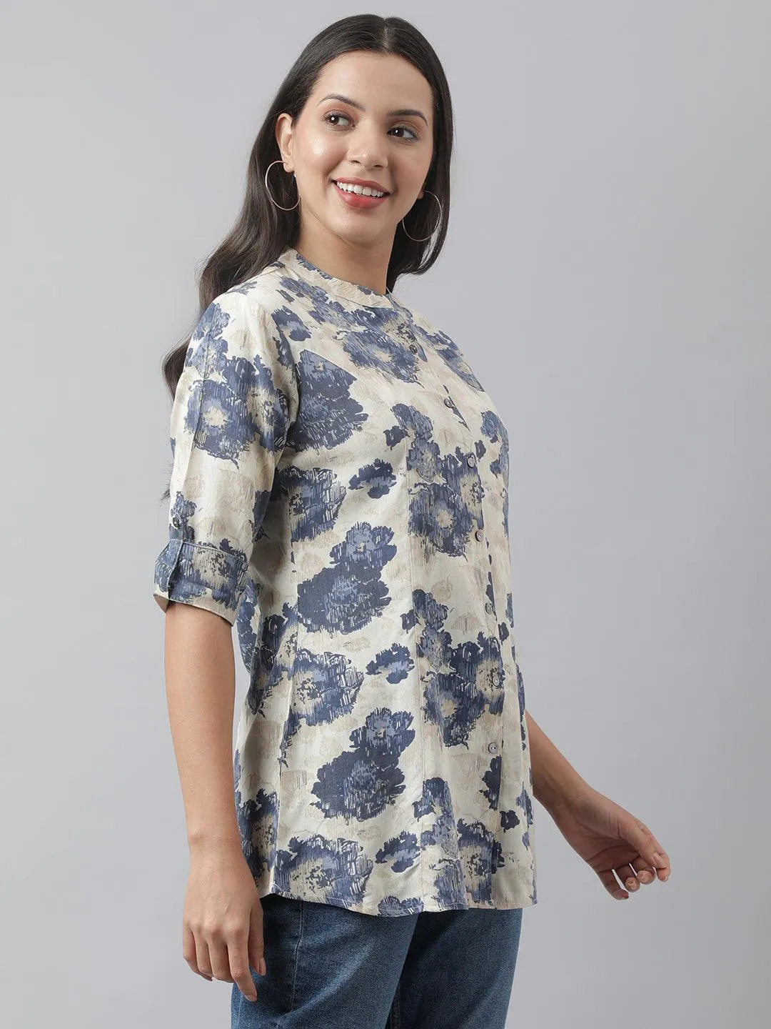 Jashvi Cream Floral Printed Rayon A-line Shirt Style Top