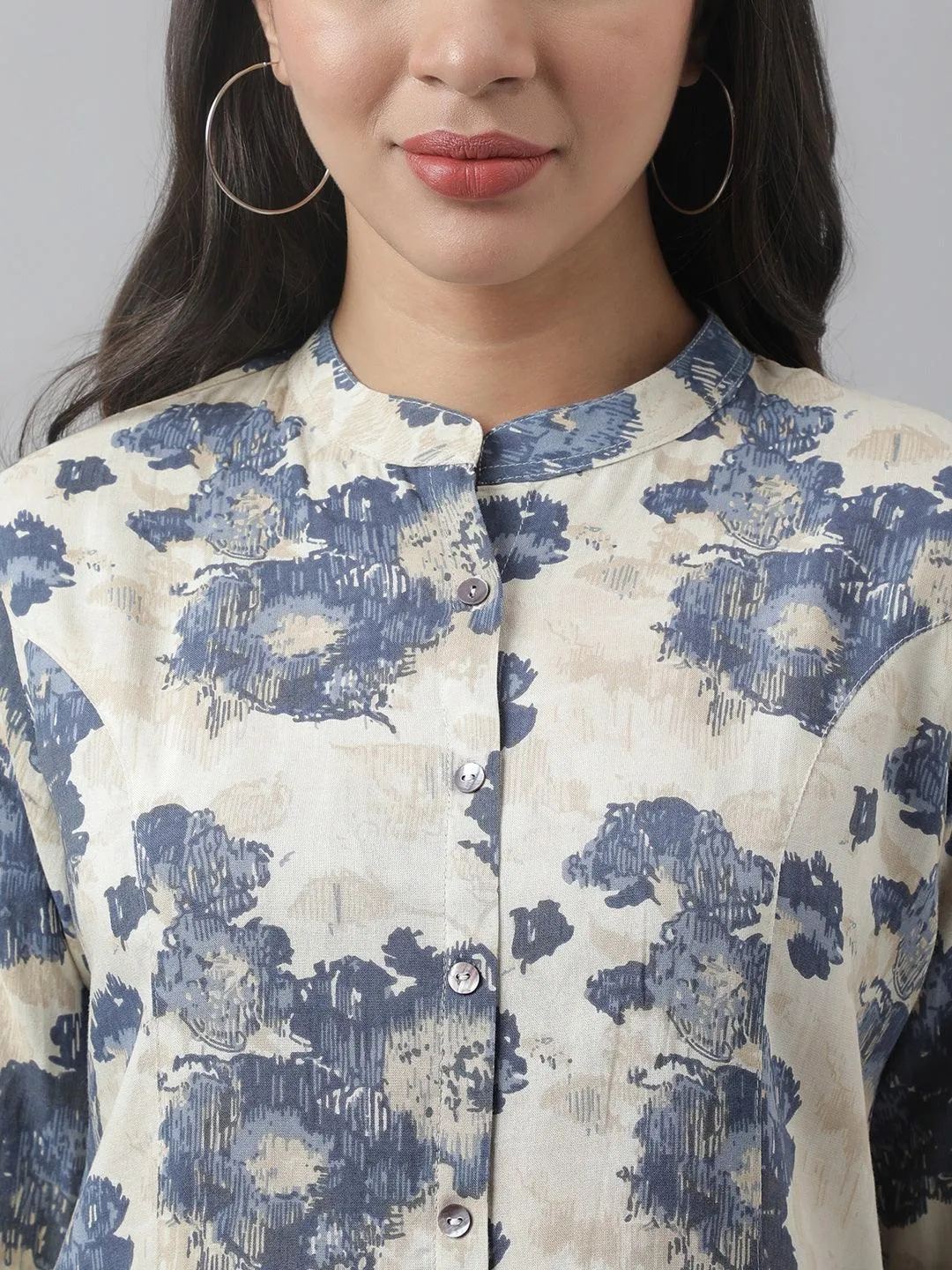 Jashvi Cream Floral Printed Rayon A-line Shirt Style Top