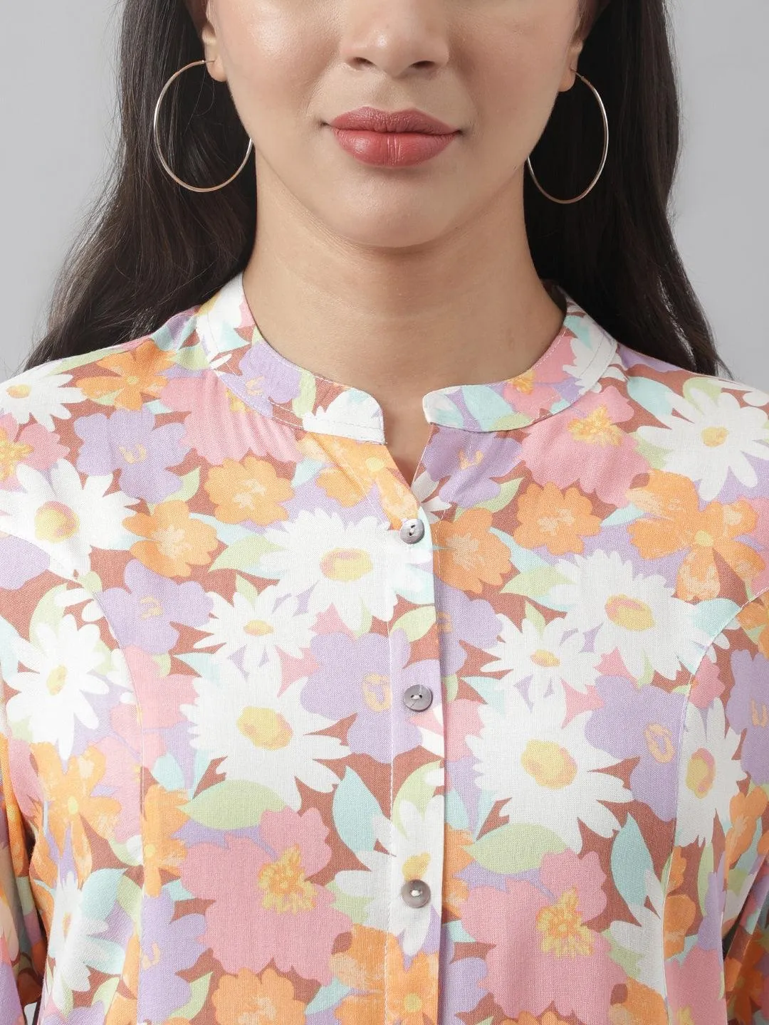 Jashvi Lavender Floral Printed Rayon A-line Shirt Style Top