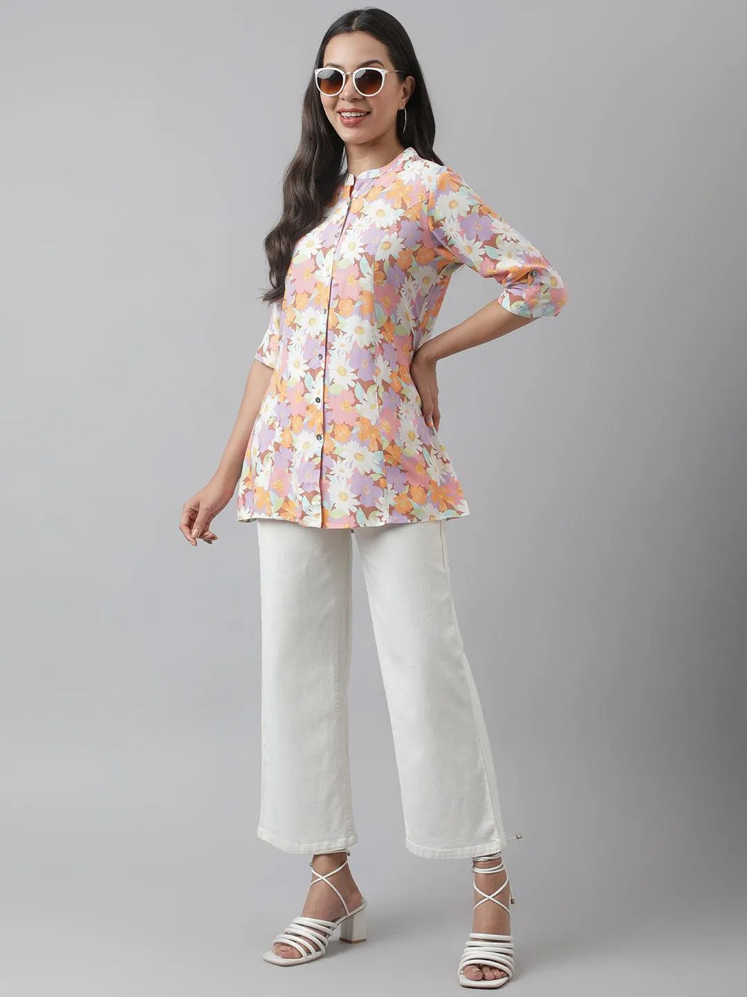 Jashvi Lavender Floral Printed Rayon A-line Shirt Style Top