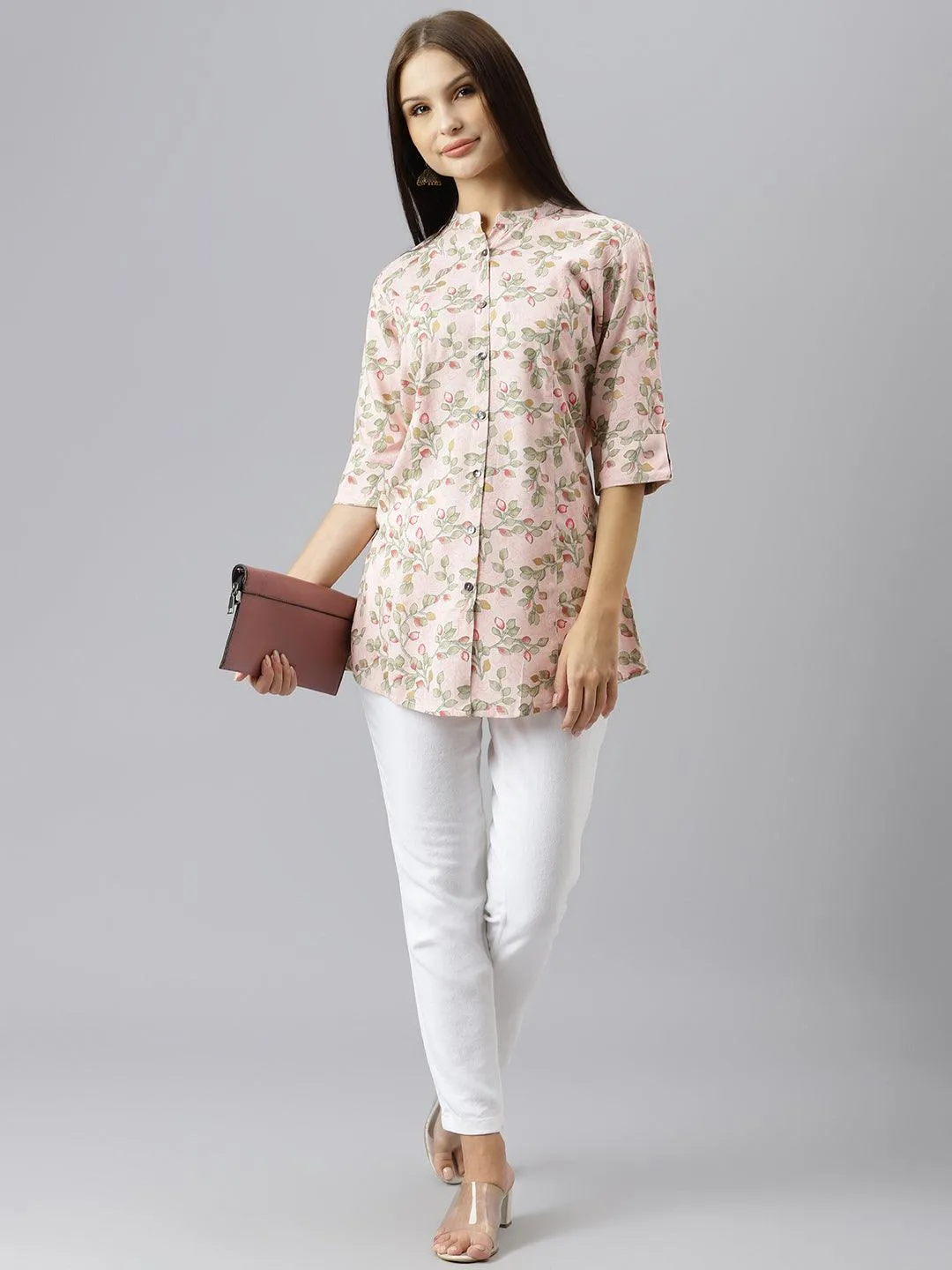 Jashvi Light Pink Floral Rayon A-line Shirts Style Top