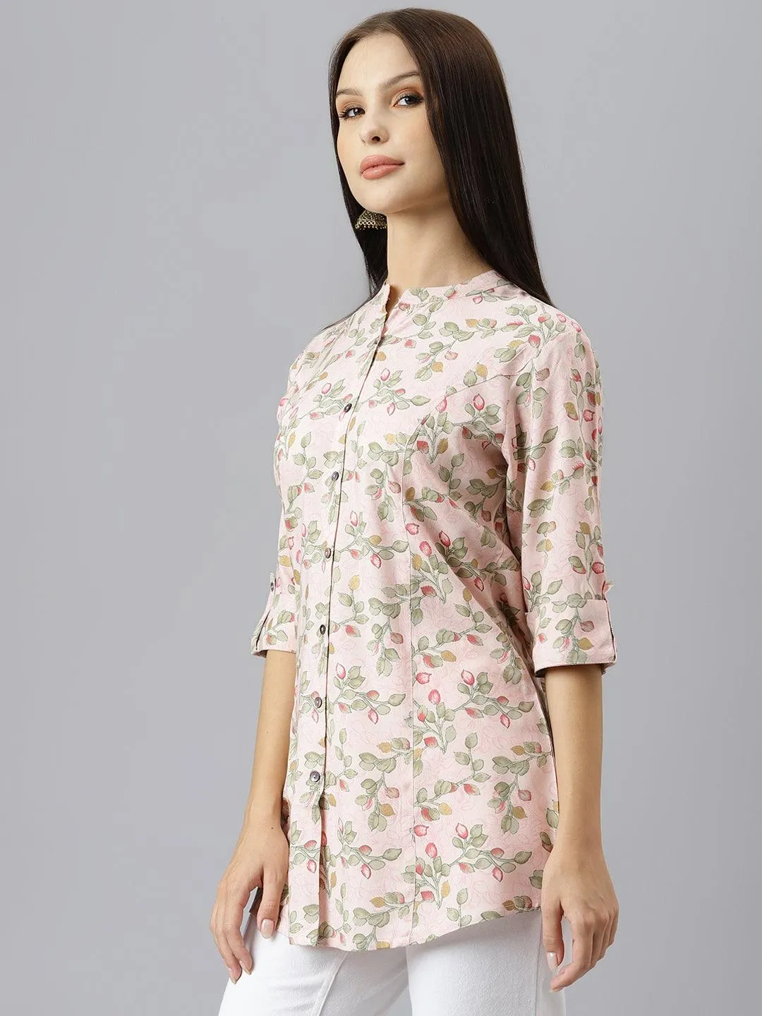 Jashvi Light Pink Floral Rayon A-line Shirts Style Top