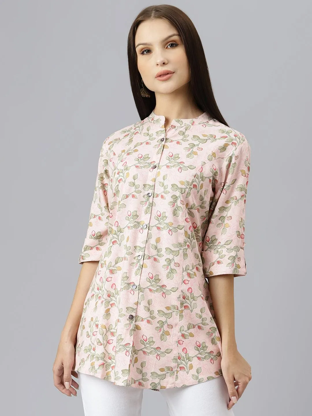 Jashvi Light Pink Floral Rayon A-line Shirts Style Top