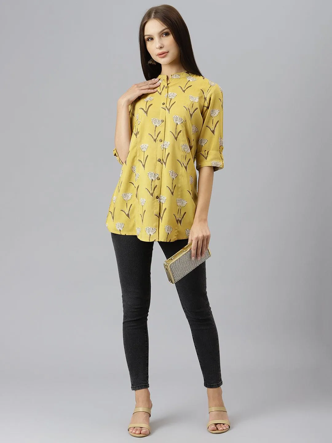 Jashvi Mustard Floral Rayon A-line Shirts Style Top