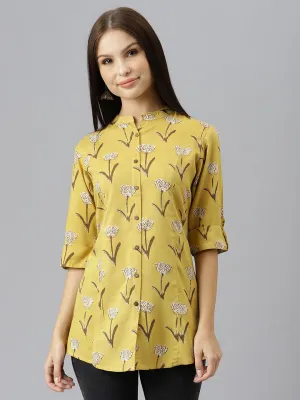 Jashvi Mustard Floral Rayon A-line Shirts Style Top