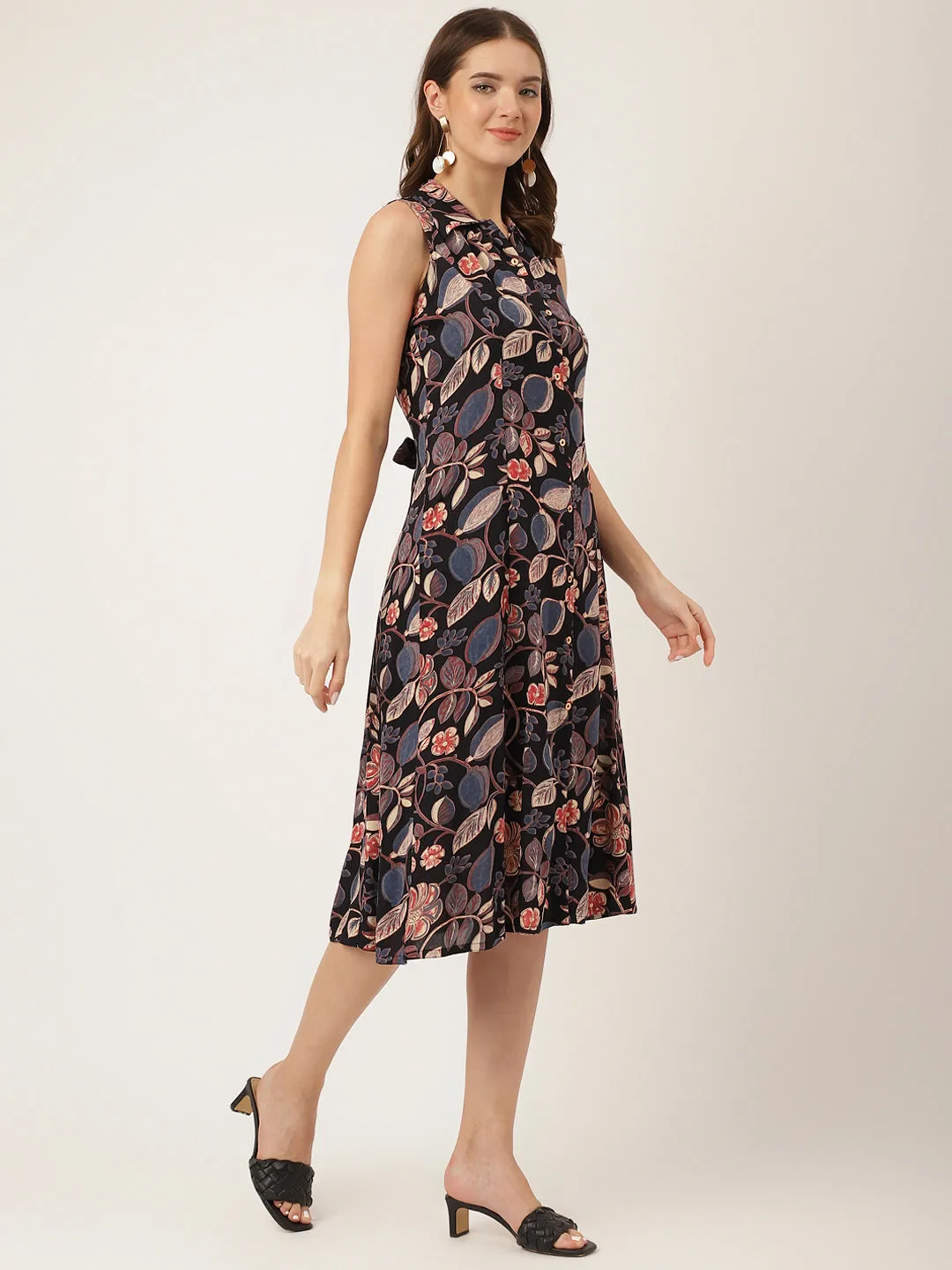 Jashvi Navy Blue Floral Print Rayon A-Line Midi Dress with Attached Sleeves for Women