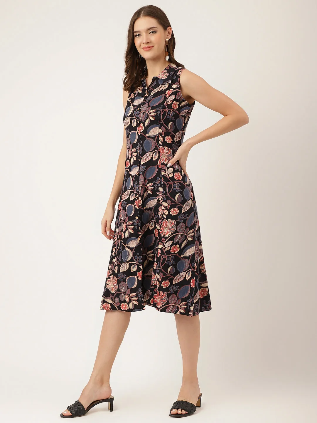 Jashvi Navy Blue Floral Print Rayon A-Line Midi Dress with Attached Sleeves for Women