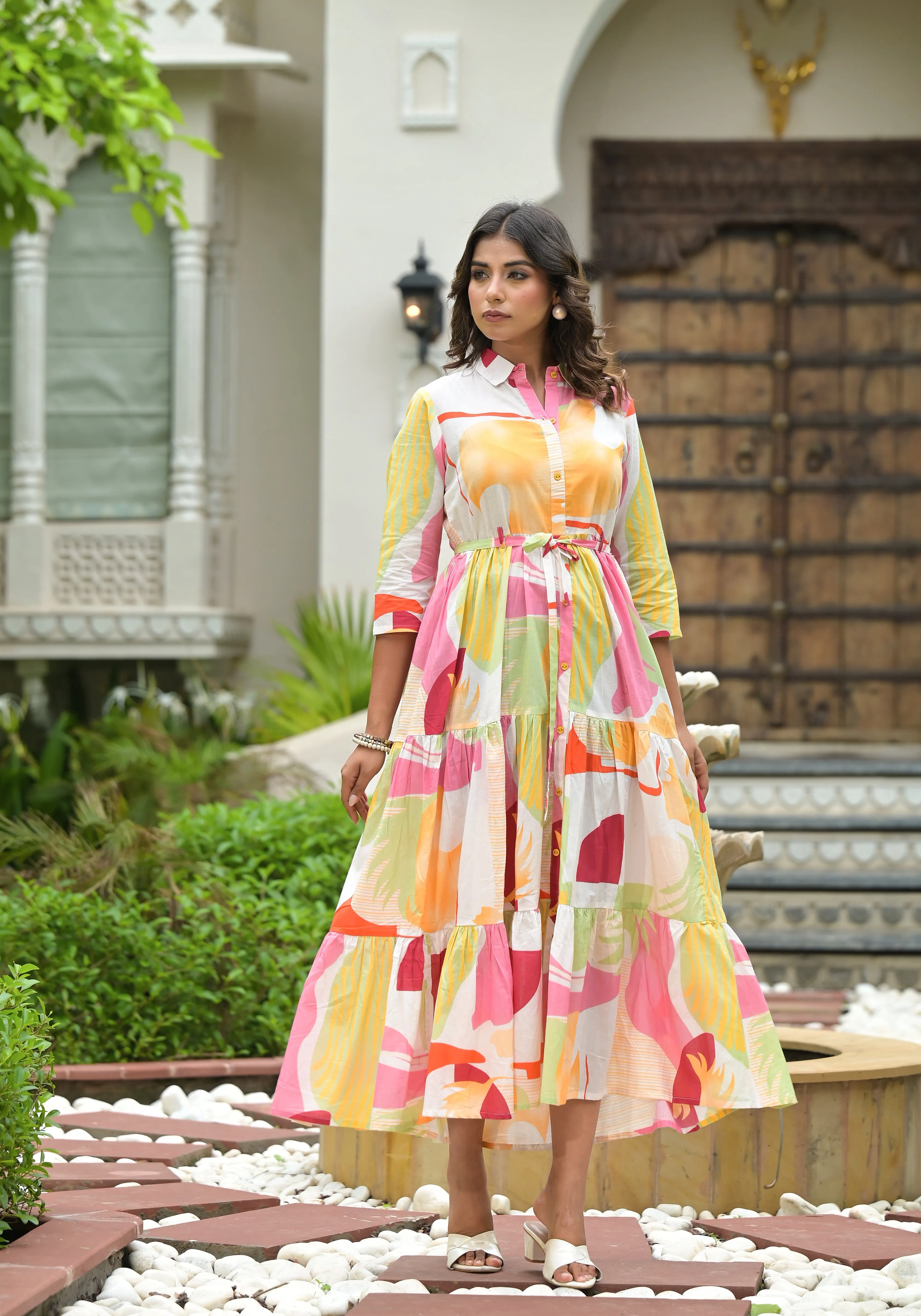 Jashvi Off White Geometric Printed Cambric Dress With Buttons & Doris On Waist