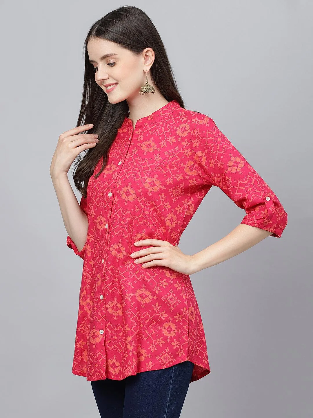 Jashvi Pink Abstract printed Rayon A-line Shirts Style Top