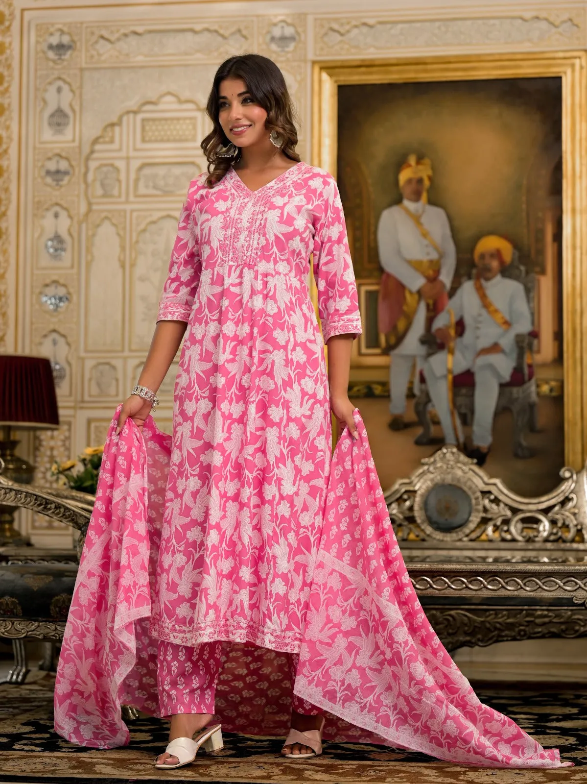 Jashvi Pink Floral Printed Rayon Kurta Set With Thread & Mirror Work