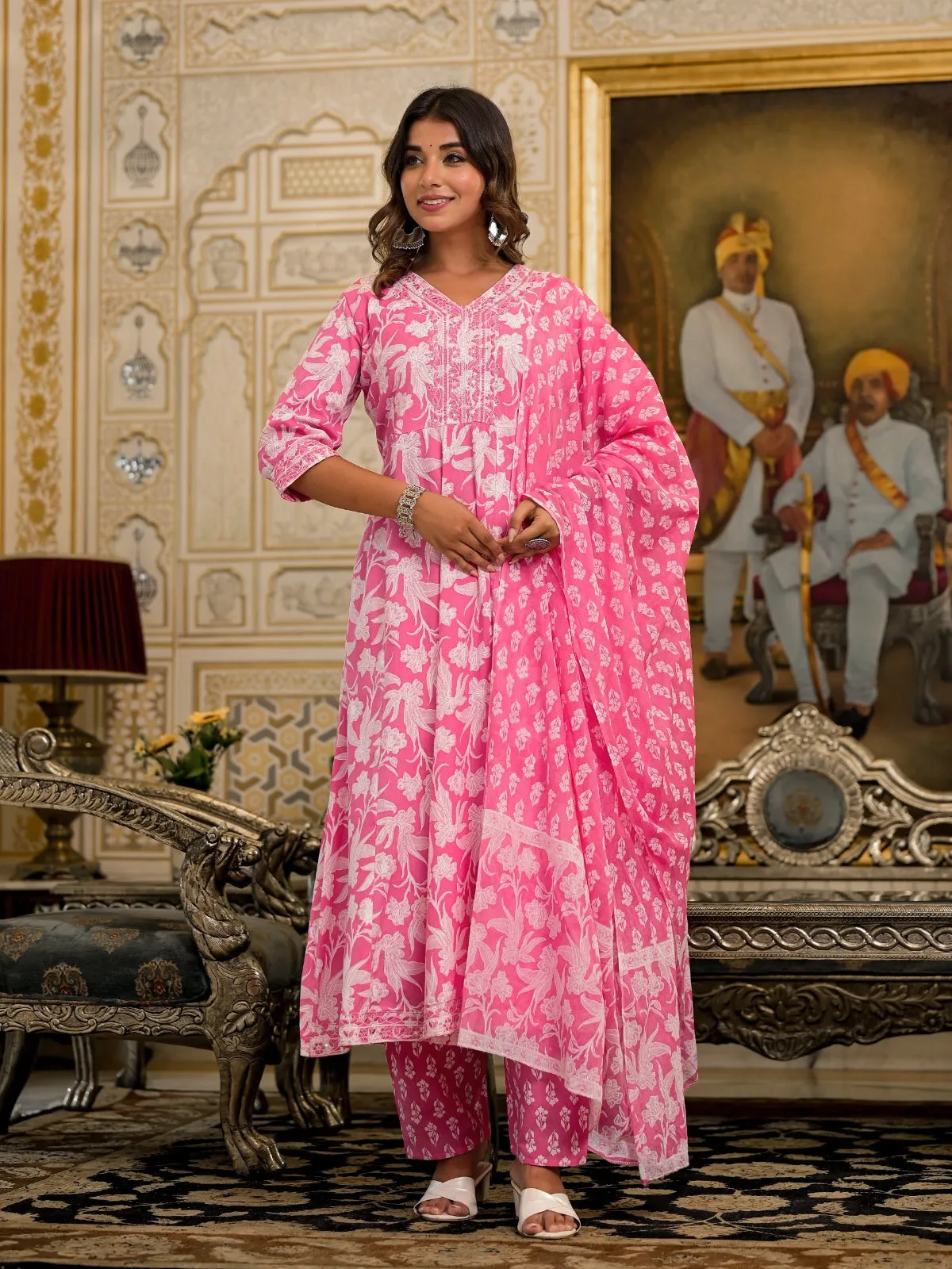 Jashvi Pink Floral Printed Rayon Kurta Set With Thread & Mirror Work