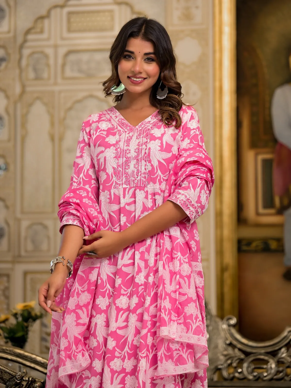 Jashvi Pink Floral Printed Rayon Kurta Set With Thread & Mirror Work