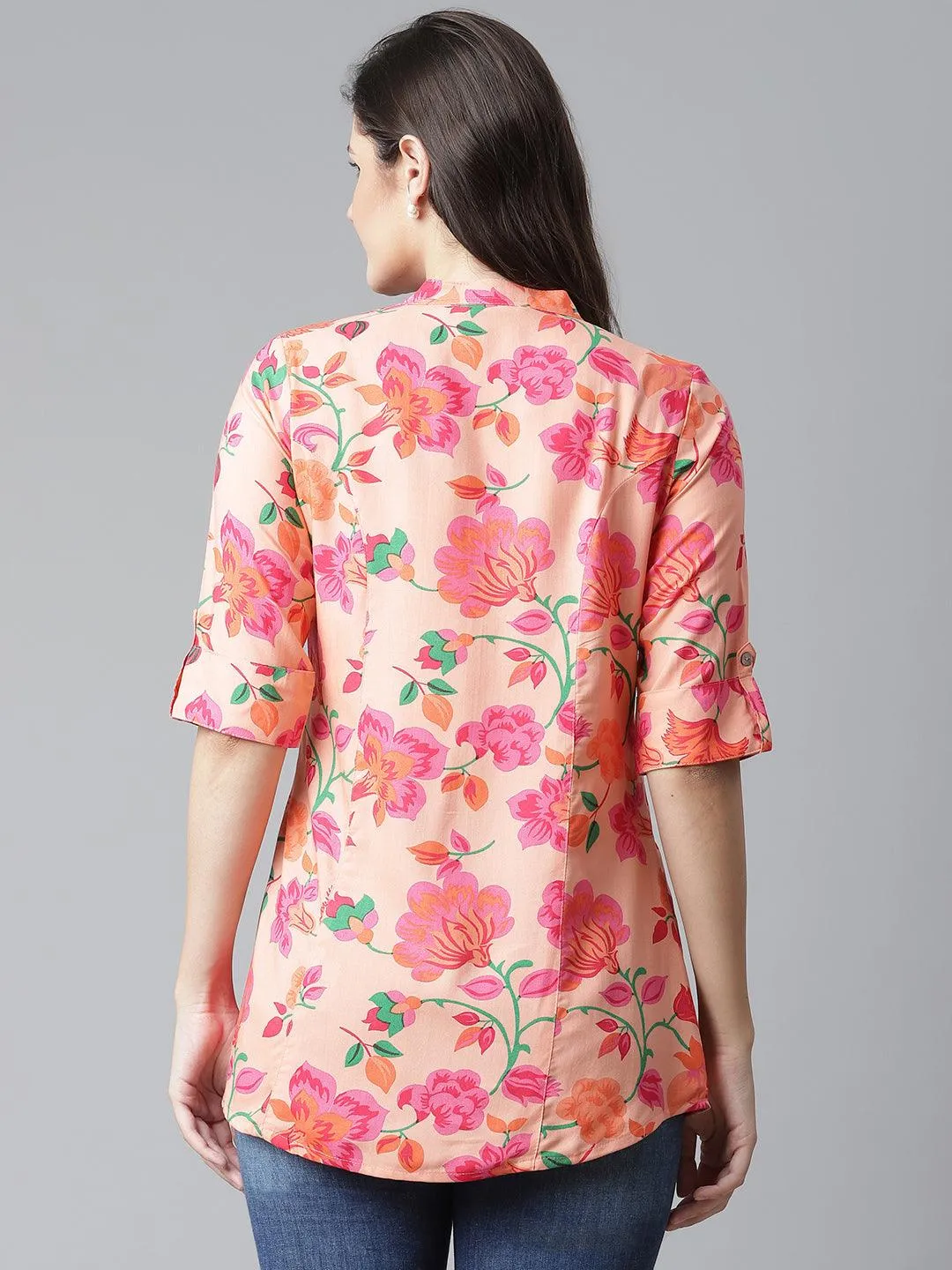 Jashvi Rayon Peach Floral Print Shirt Style A-Line Top