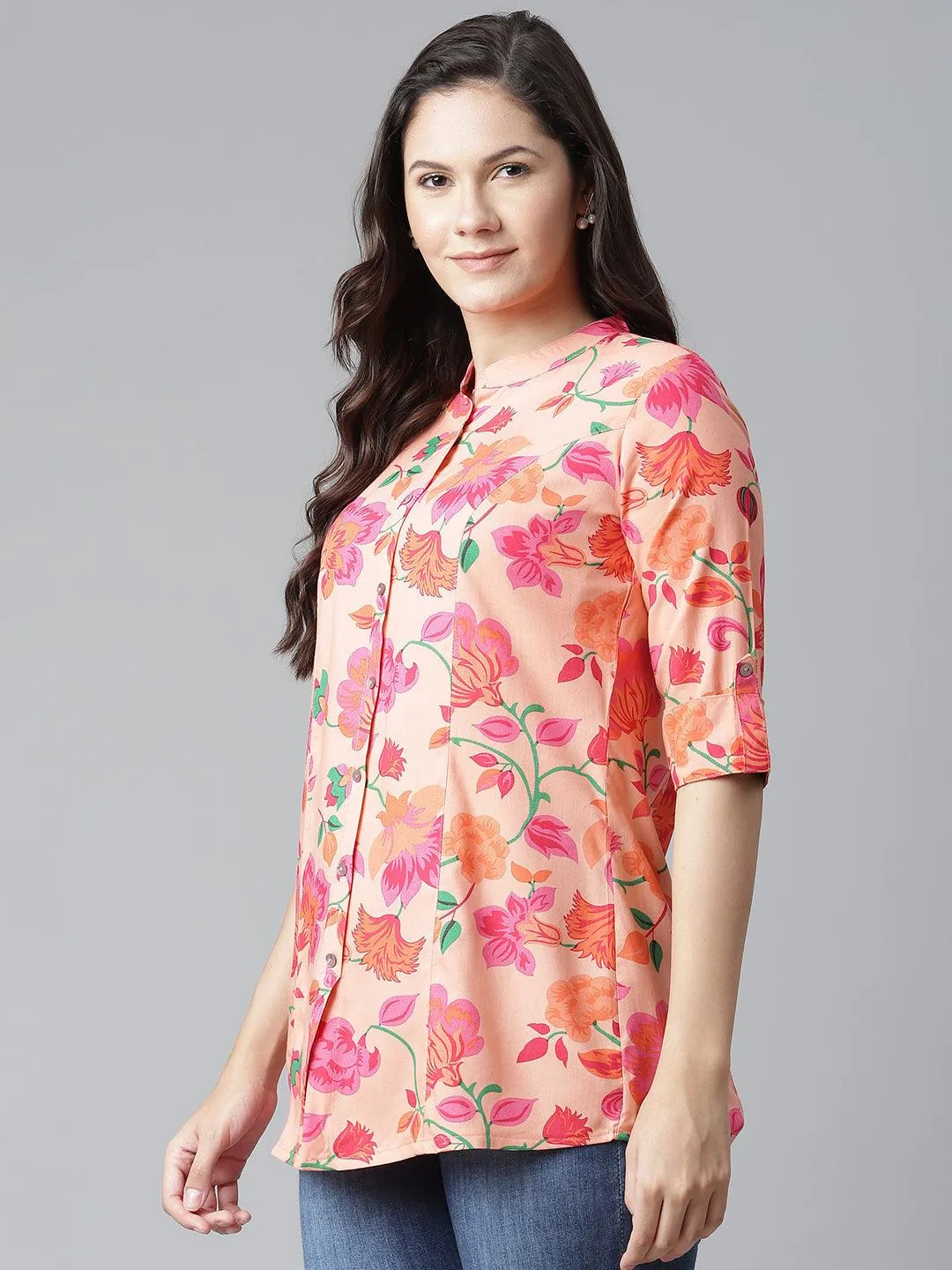 Jashvi Rayon Peach Floral Print Shirt Style A-Line Top