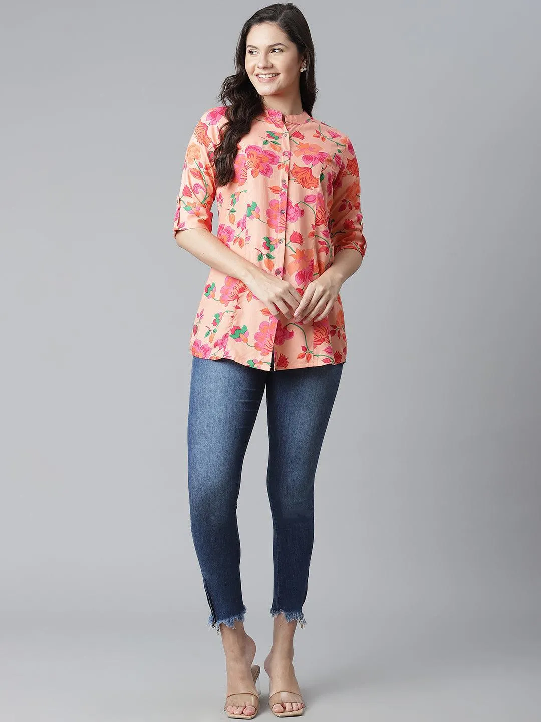 Jashvi Rayon Peach Floral Print Shirt Style A-Line Top