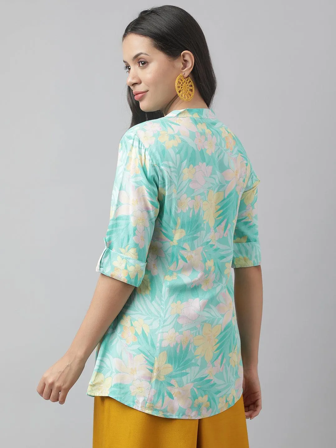 Jashvi Sea Green Floral Printed Rayon A-line Shirt Style Top