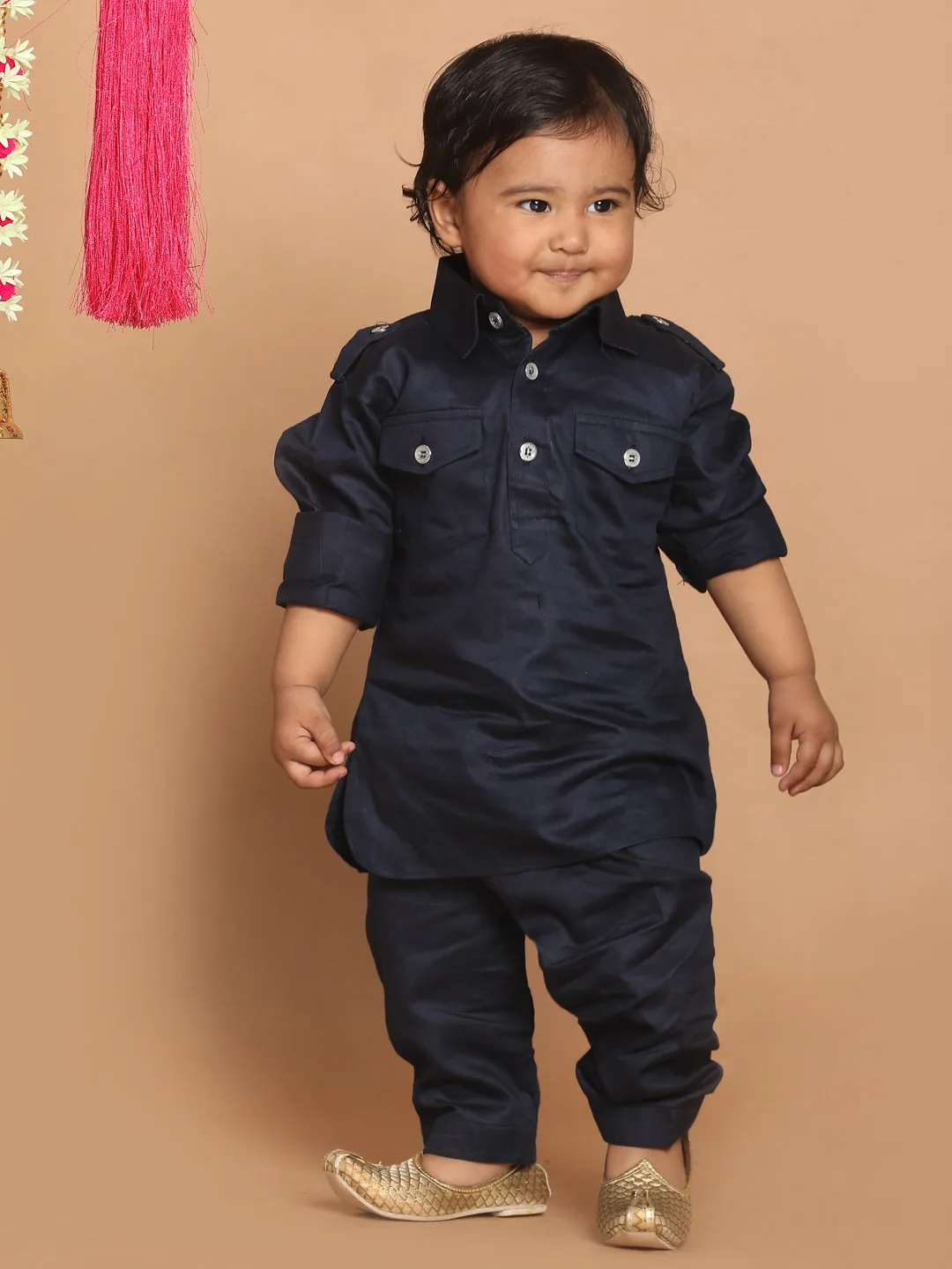 Jashvi SISHU Boy's Blue Pure Cotton Pathani Kurta With Pyjama Set