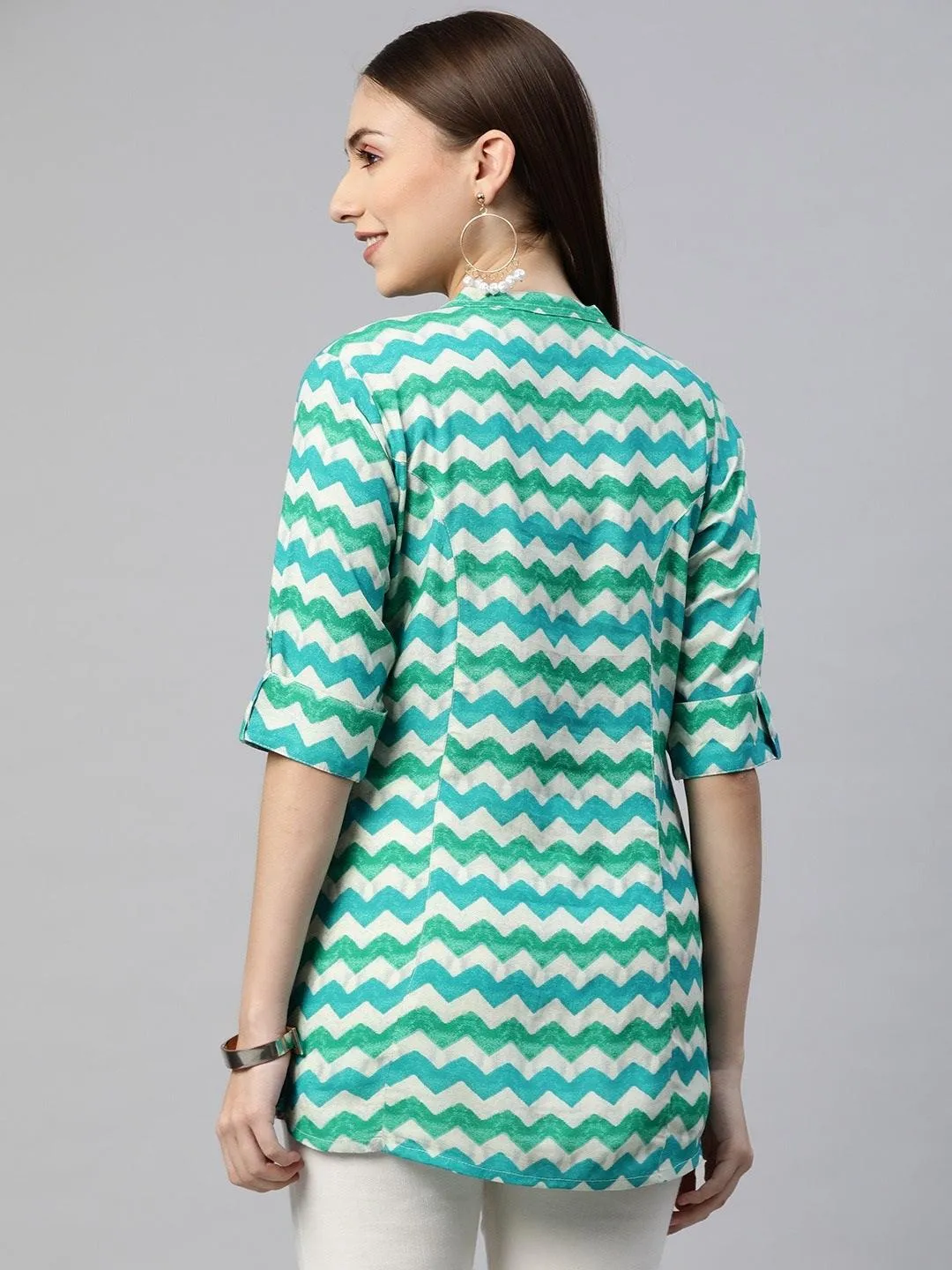 Jashvi Teal Blue Geomatric Rayon A-line Shirts Style Top