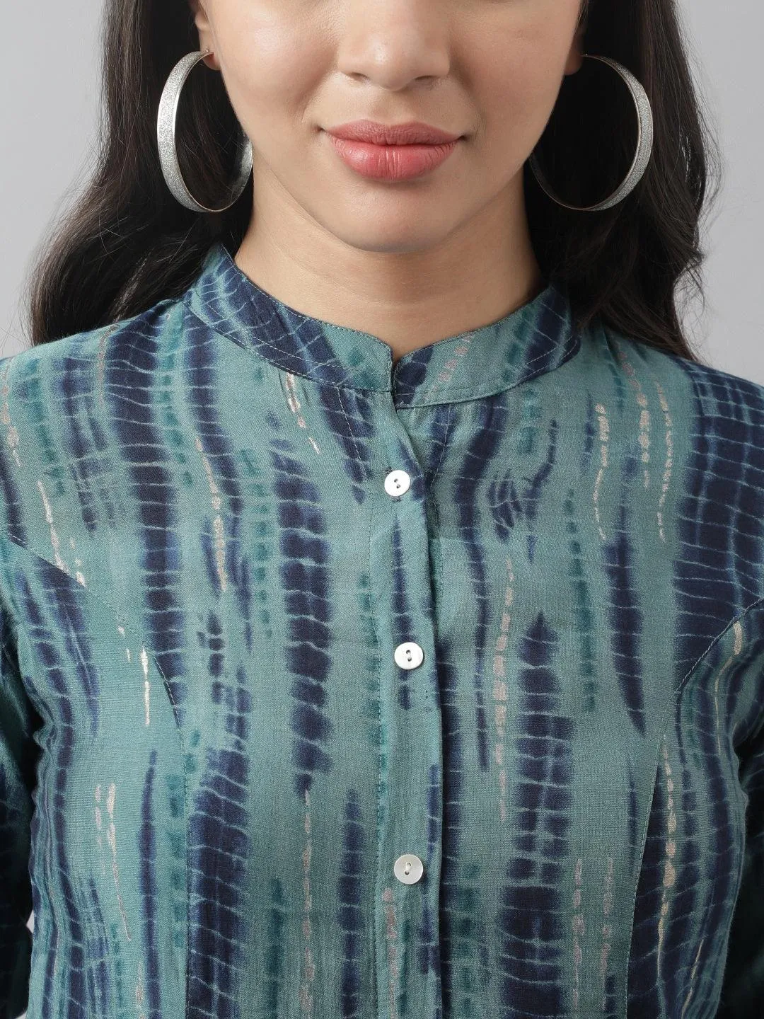 Jashvi Teal Floral Printed Muslin A-line Shirt Style Top