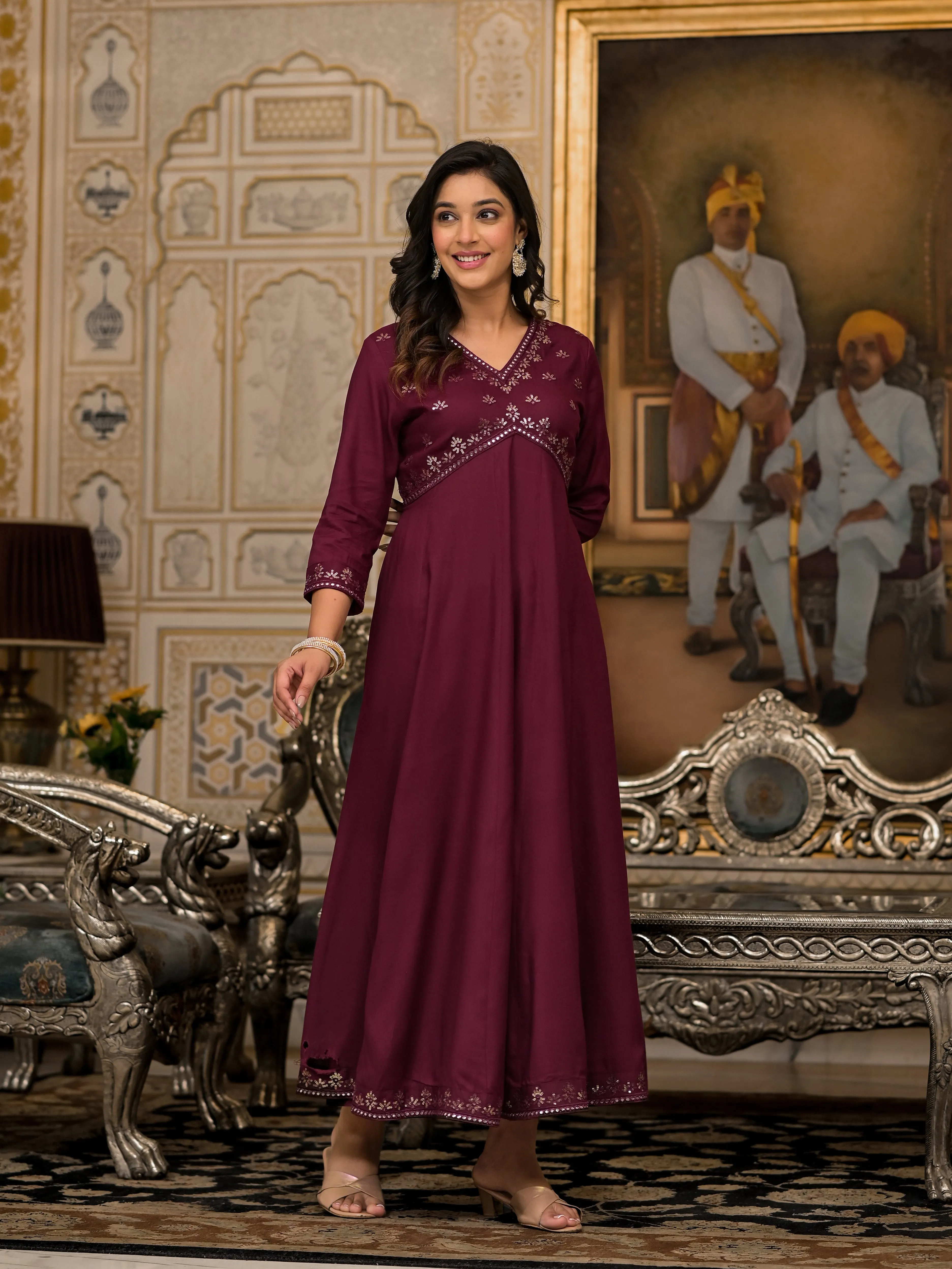 Jashvi Wine Mirror Embroidered Rayon Dress For Women With Sequins