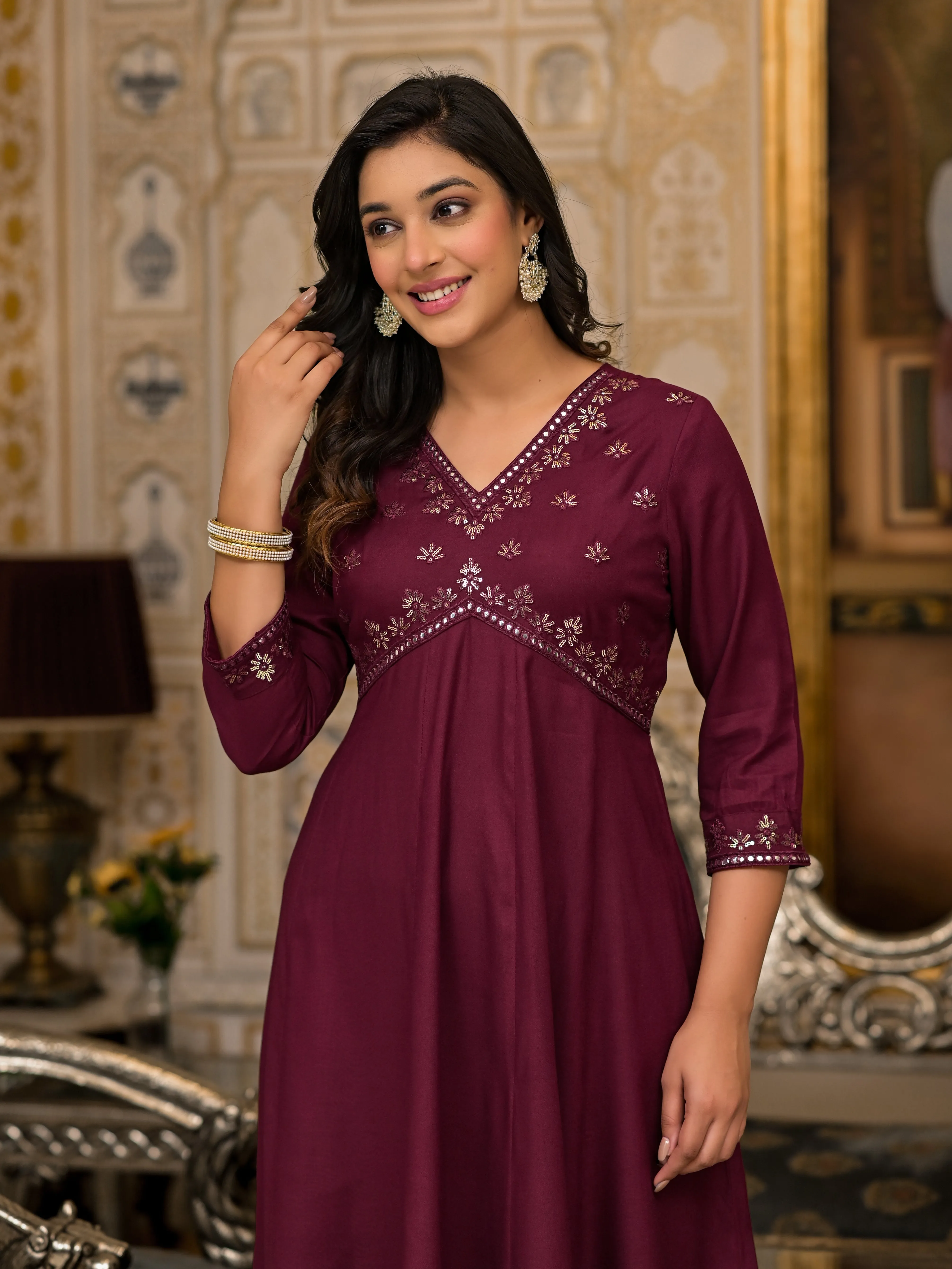 Jashvi Wine Mirror Embroidered Rayon Dress For Women With Sequins