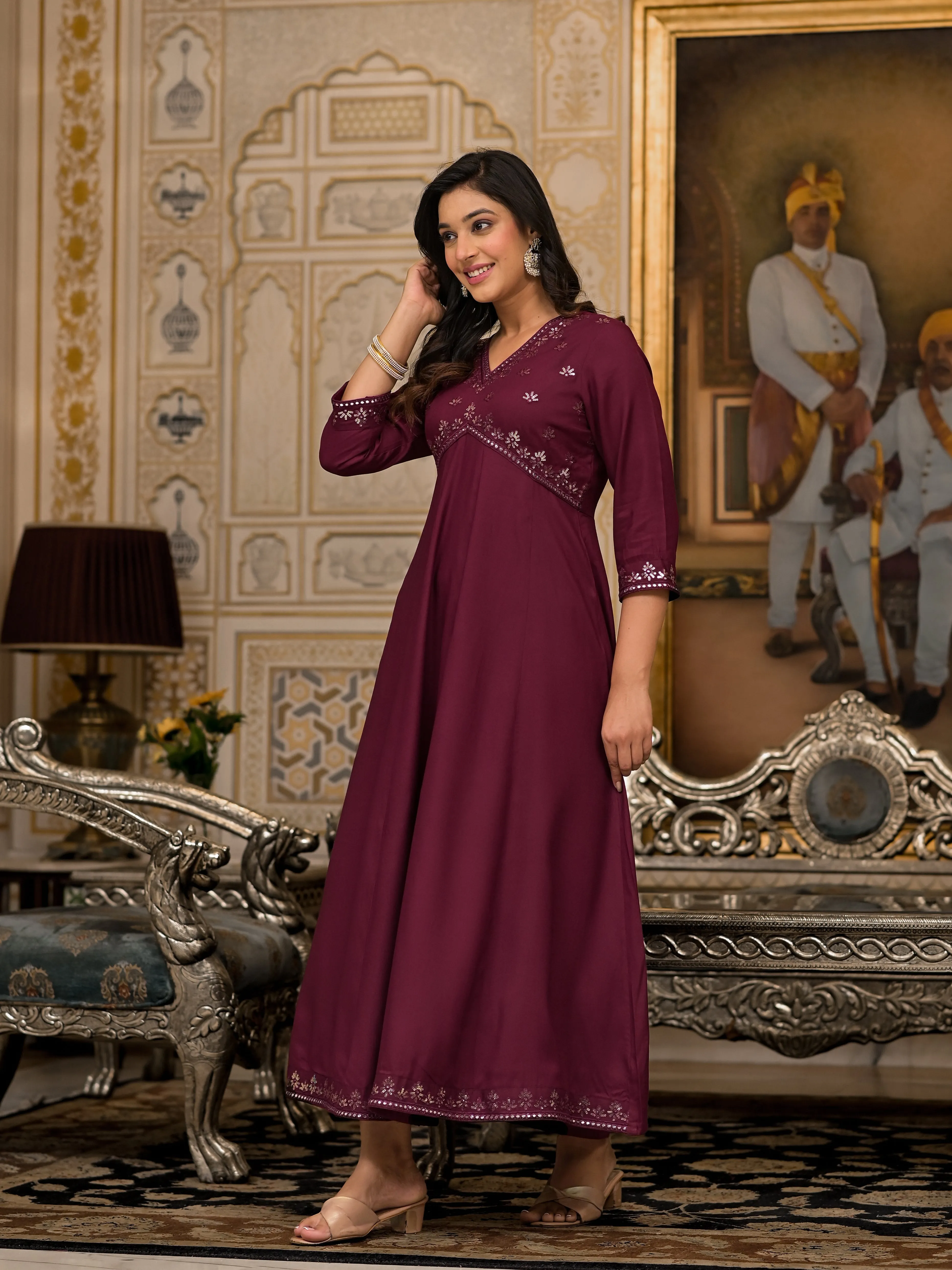 Jashvi Wine Mirror Embroidered Rayon Dress For Women With Sequins