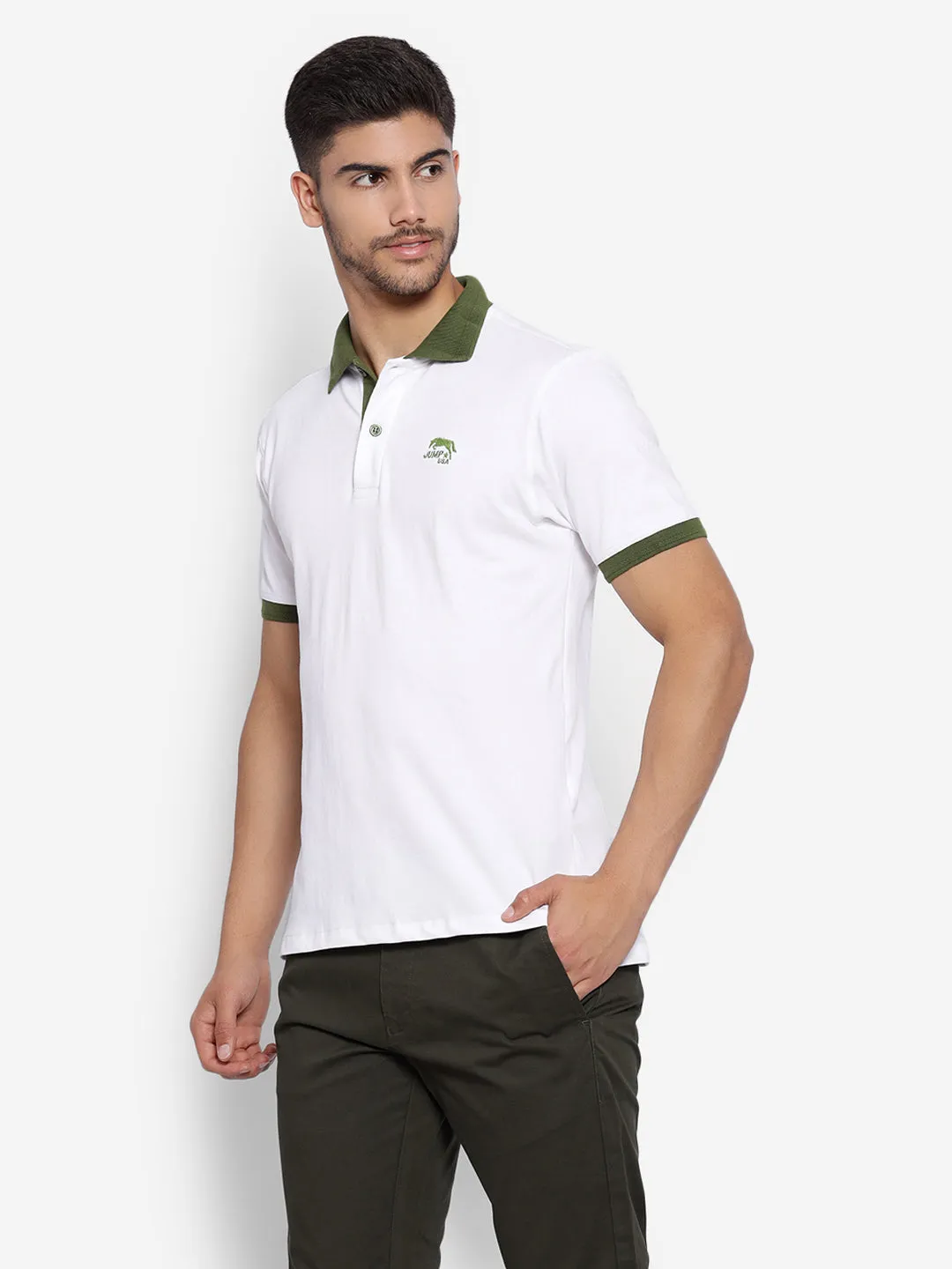 JUMP USA Men White Solid Polo Collar Pure Cotton T-shirt