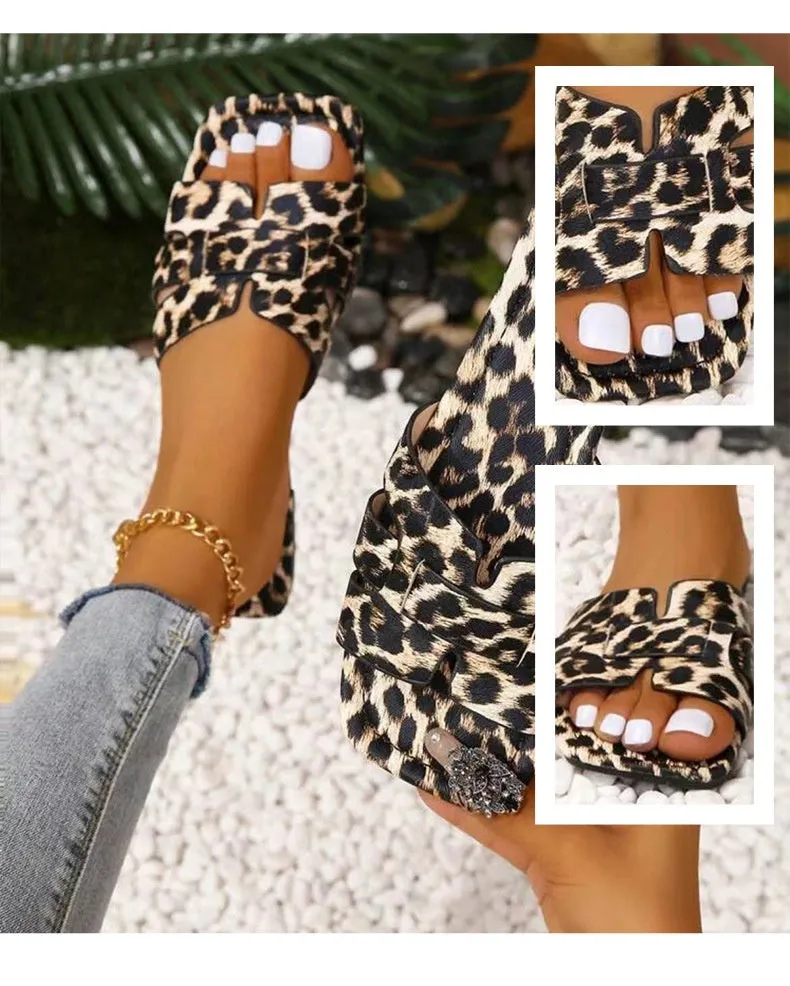 Leopard Print Square Head Women's Slipper