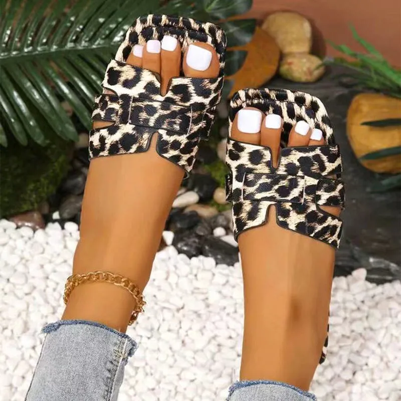 Leopard Print Square Head Women's Slipper