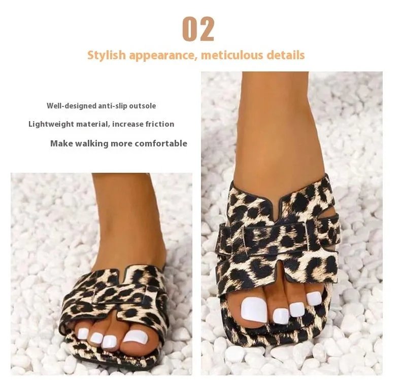 Leopard Print Square Head Women's Slipper