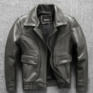 Men's Classic Casual Waxed Cowhide Leather Jacket