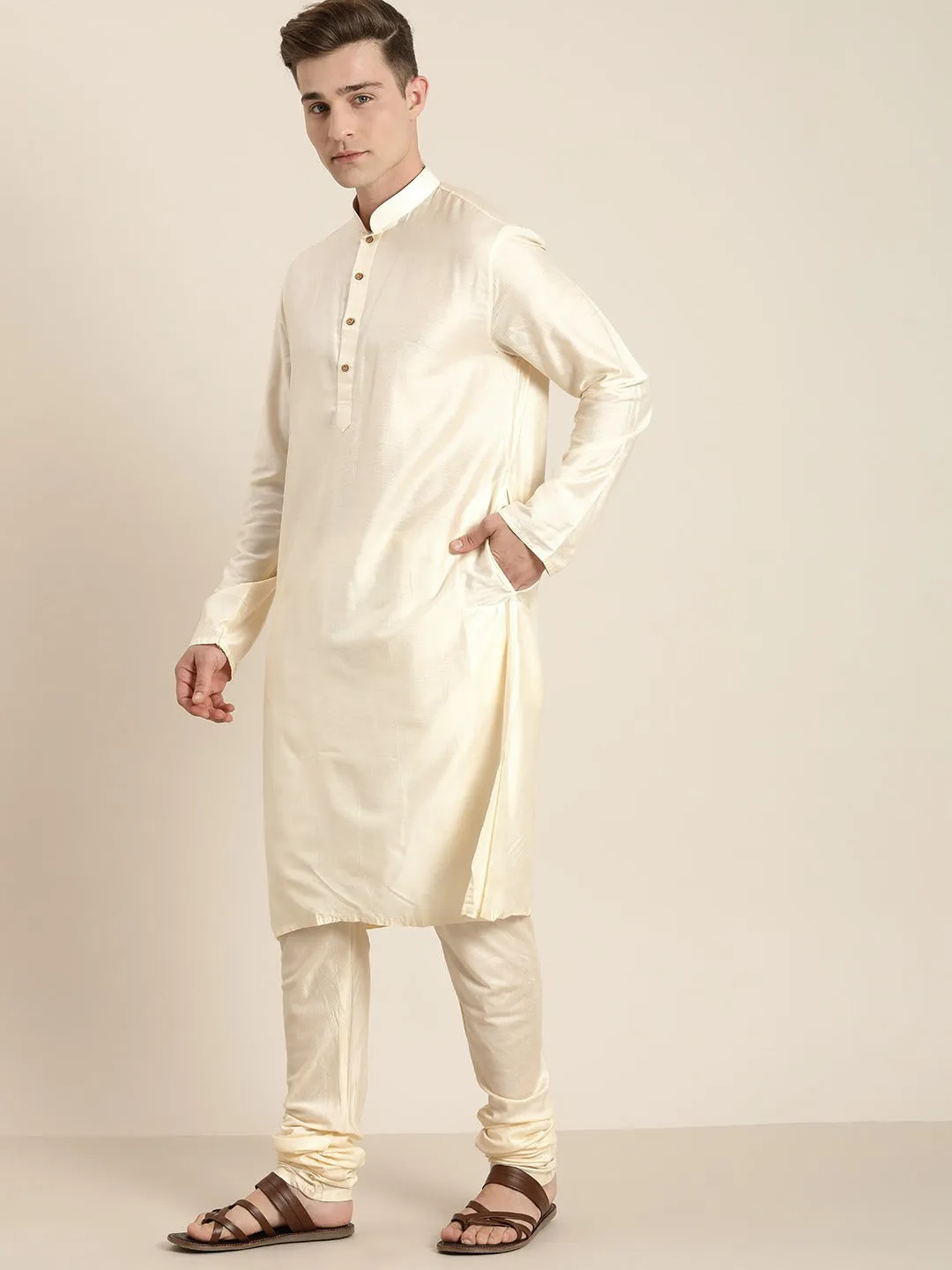 Men's Cream Viscose Ethnic Combo Set - Vastramay