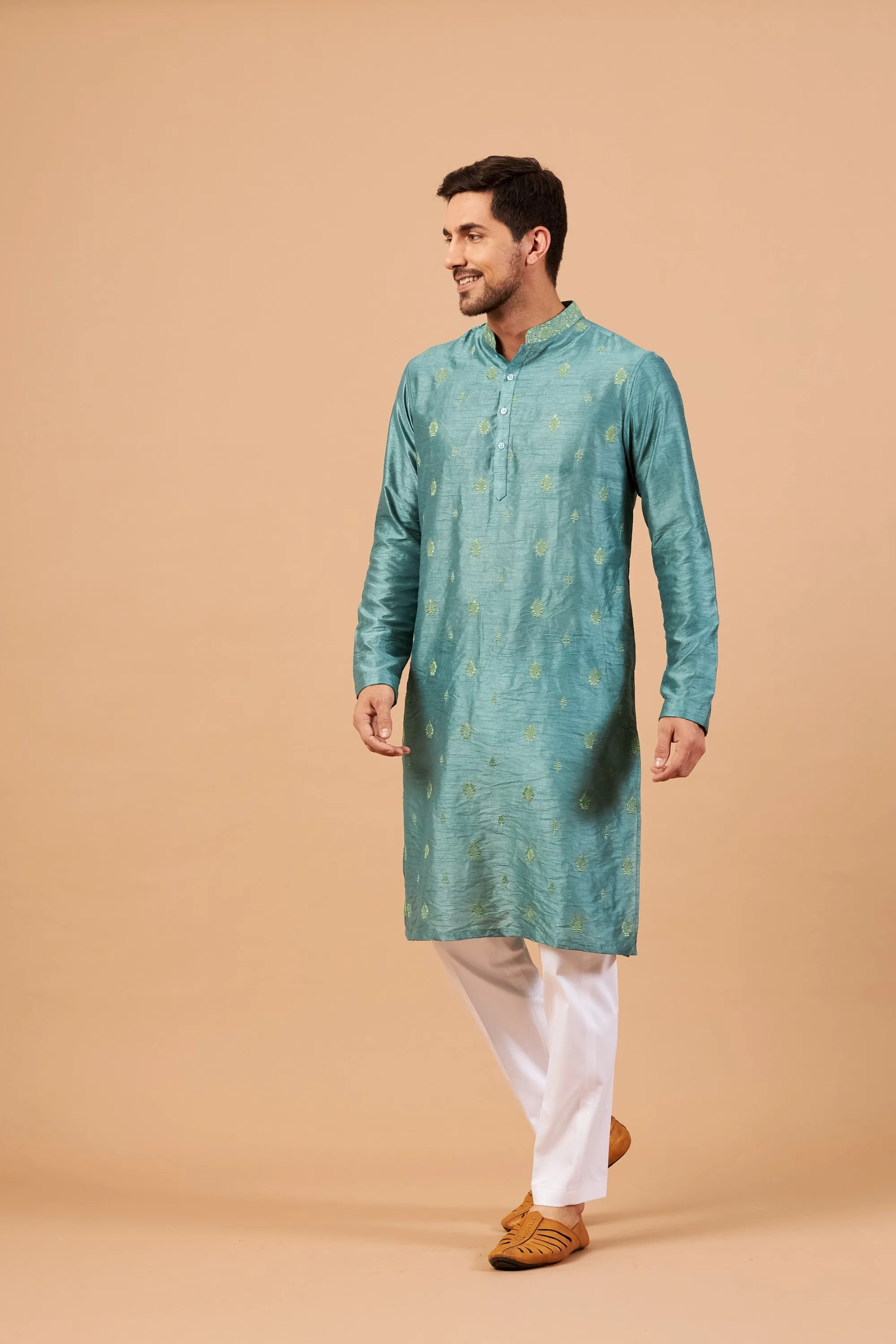 Men's Greafy Two Motif Embroidered Green Kurta With Crop Pants - Hilo Design